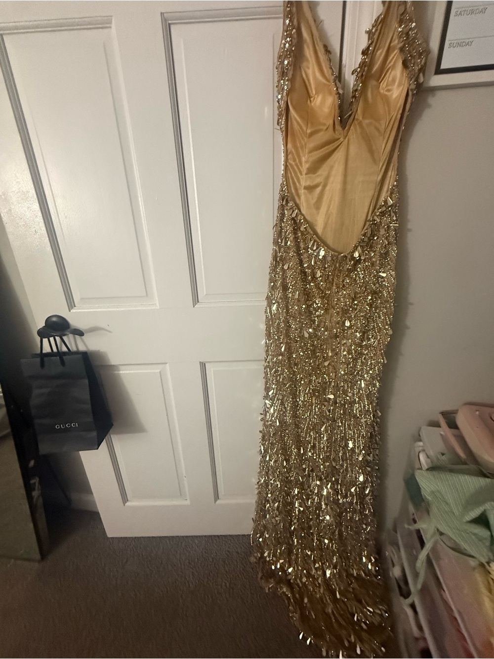 Gold Sequin Evening Gown with V-Neck - Picture 4 of 4